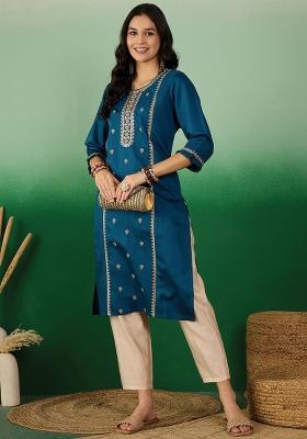 Peacock Blue Jari Work Cotton Kurti