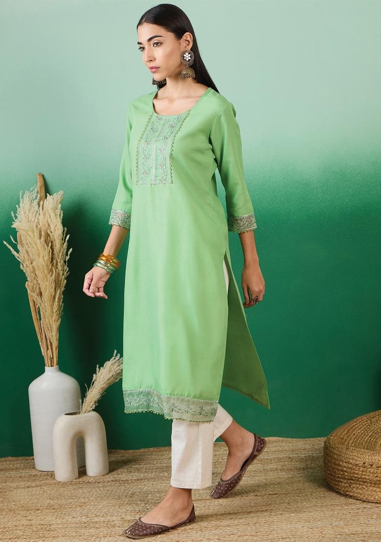 Green Solid Cotton Kurti - Indya