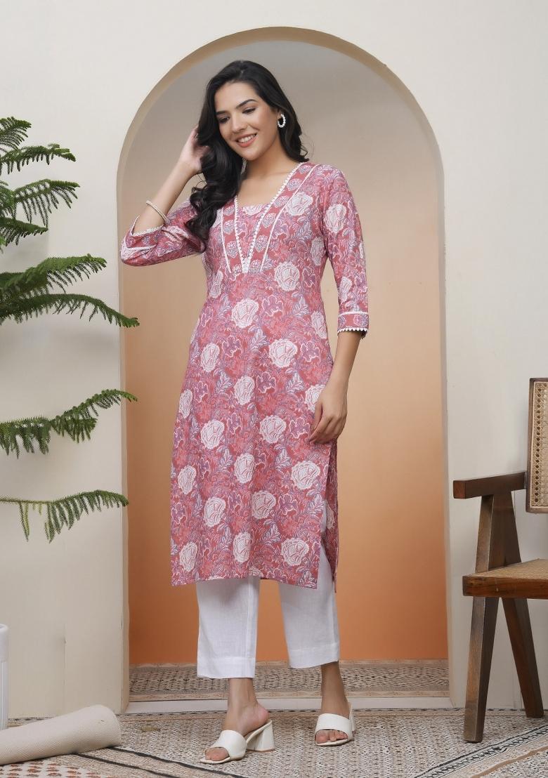 Nude Pink Zari Cotton Kurti - Indya