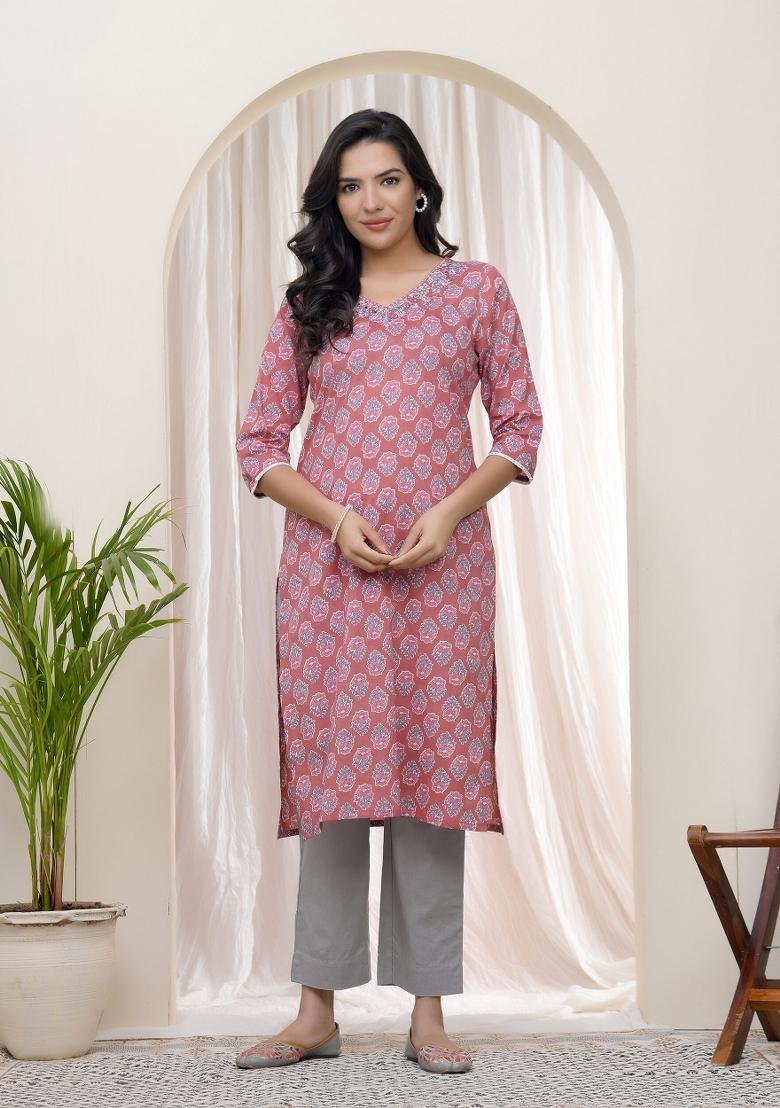 Pink Mirror Work Cotton Kurti