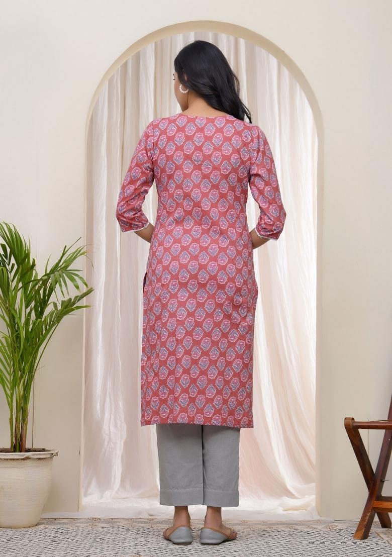 Pink Mirror Work Cotton Kurti