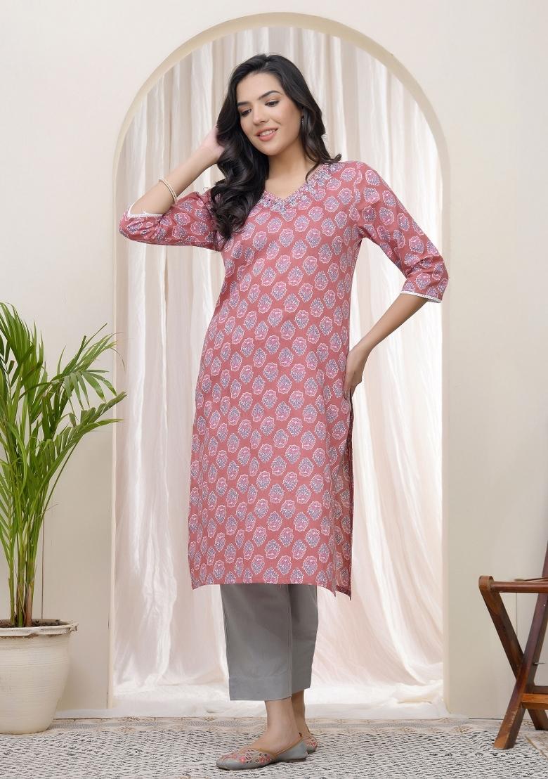 Pink Mirror Work Cotton Kurti - Indya