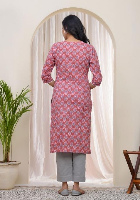 Pink Mirror Work Cotton Kurti
