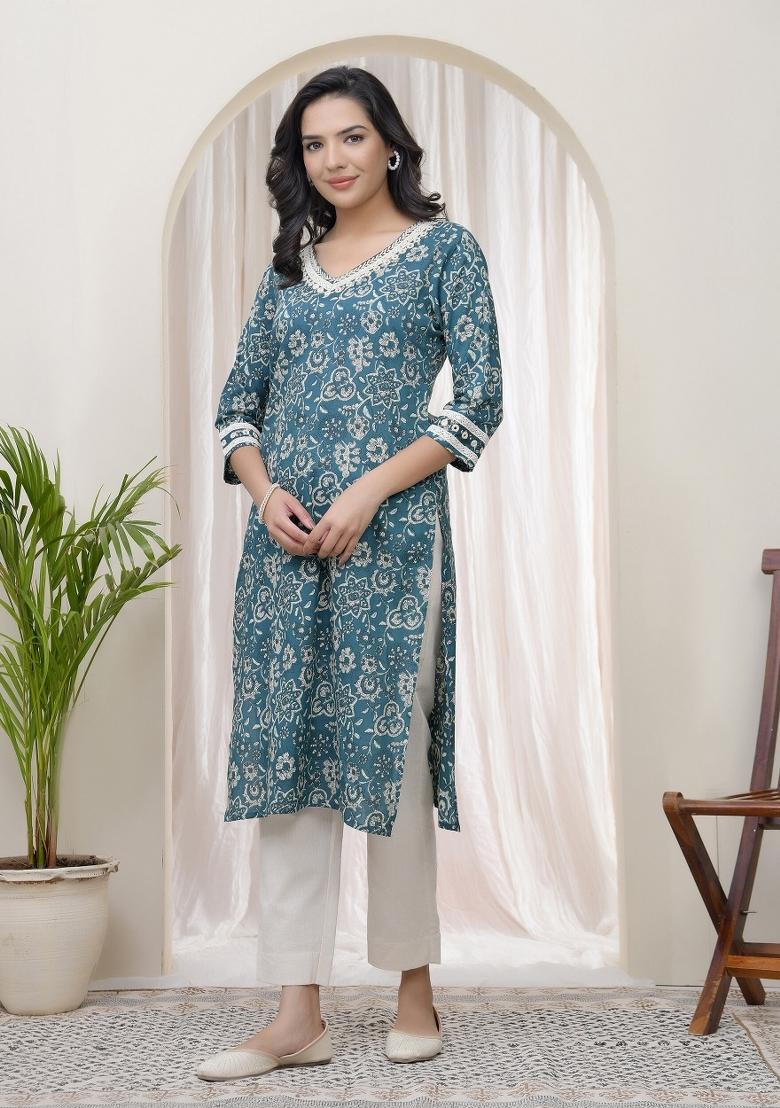 Firozi Thread Work Cotton Kurti - Indya