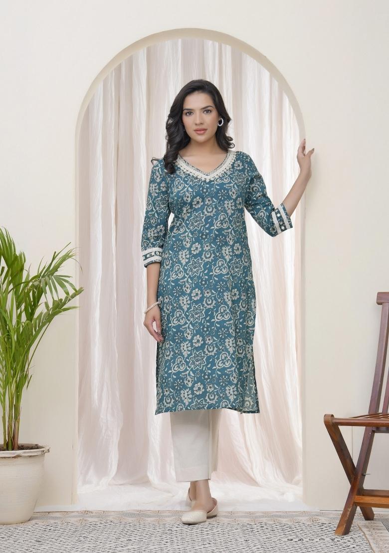 Firozi Thread Work Cotton Kurti - Indya