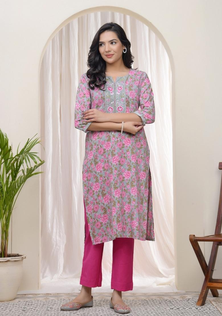 Grey Zari Cotton Kurti - Indya