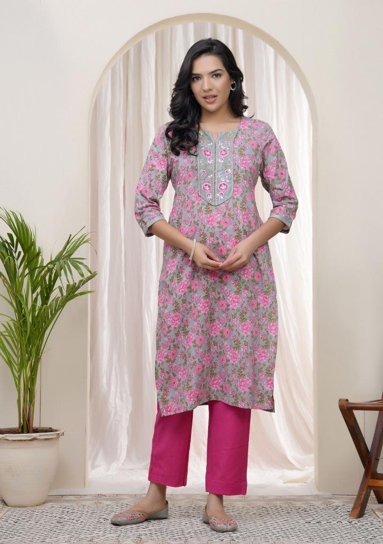 Grey Zari Cotton Kurti - Indya