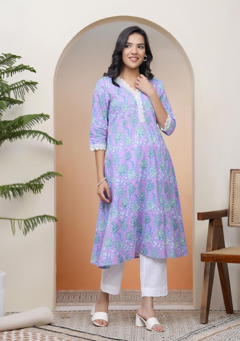 Lavender Thread Work Cotton Kurti - Indya