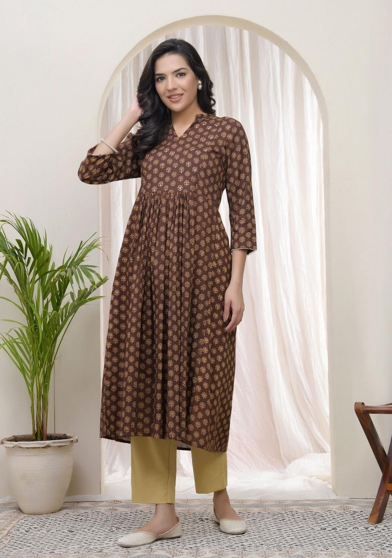 Brown Mirror Work Cotton Kurti - Indya