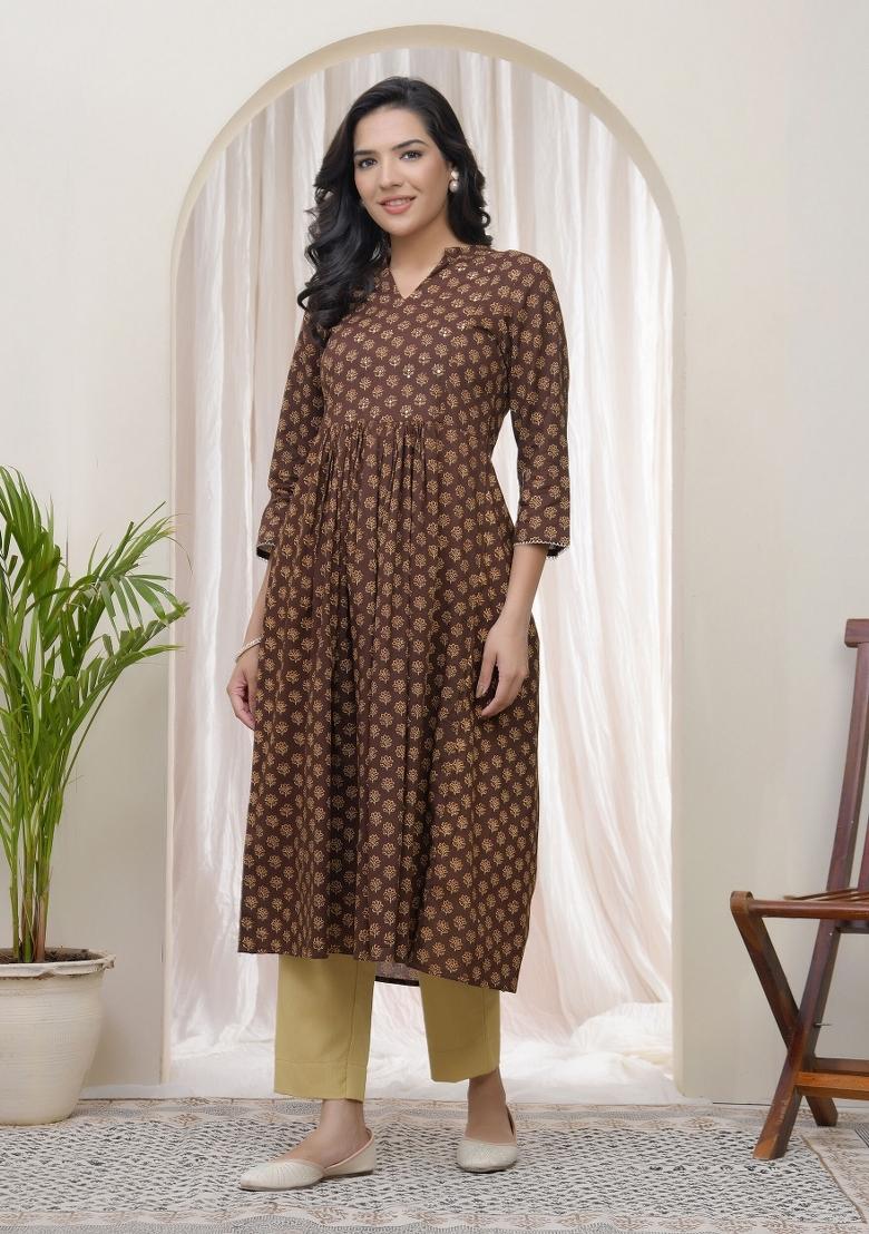 Brown Mirror Work Cotton Kurti - Indya