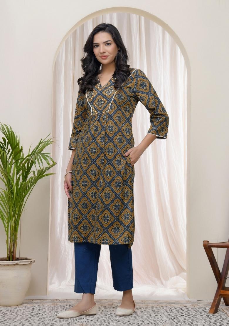 Blue Zari Cotton Kurti - Indya