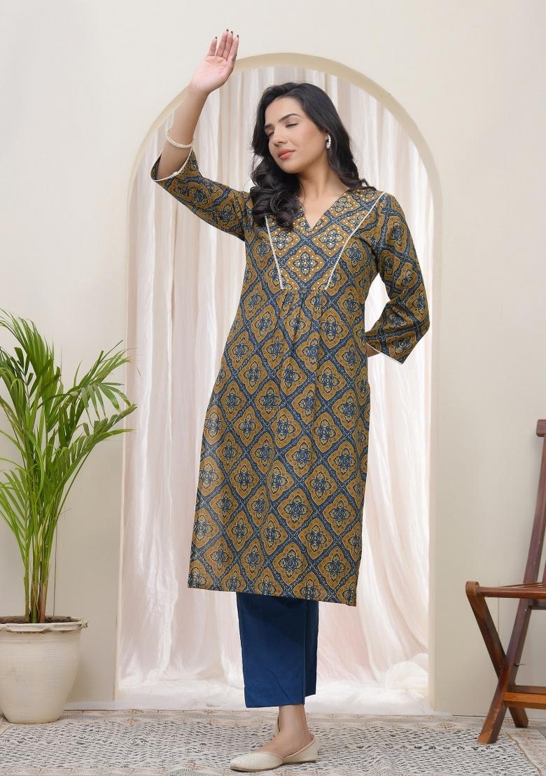 Blue Zari Cotton Kurti - Indya