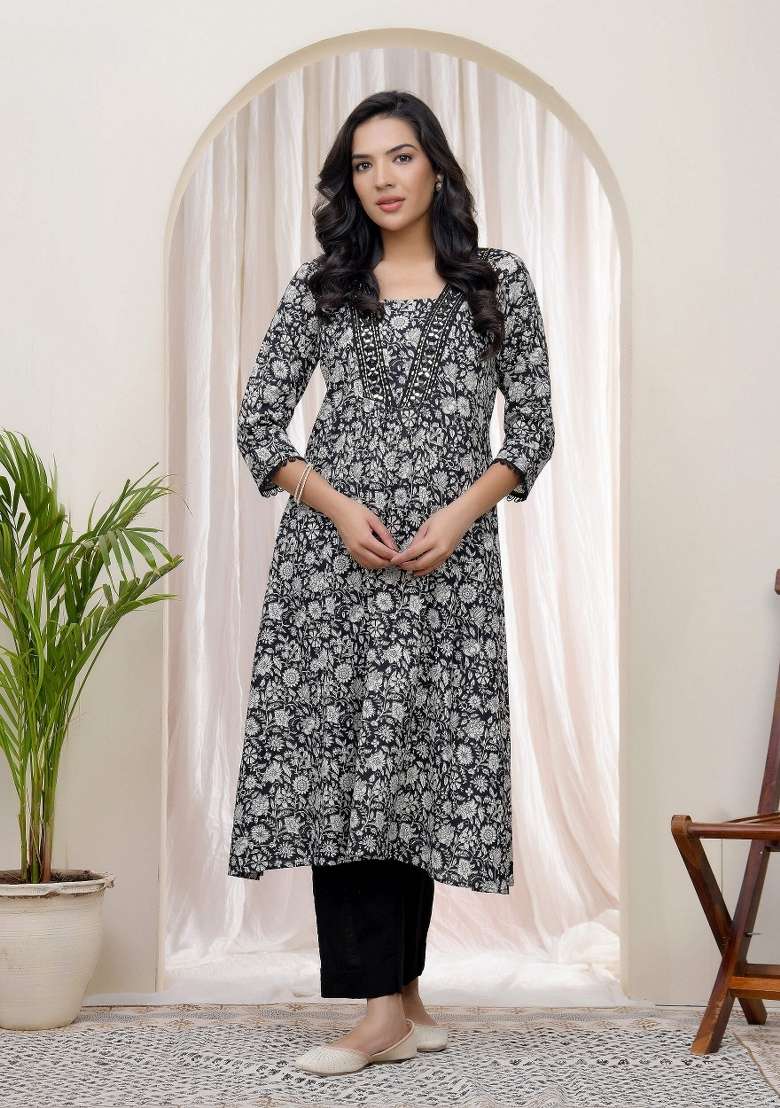 Black Floral Print Cotton Straight Kurta Set - Indya