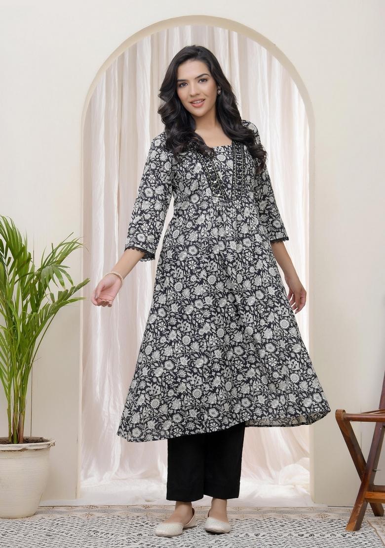 Black Mirror Work Cotton Kurti - Indya