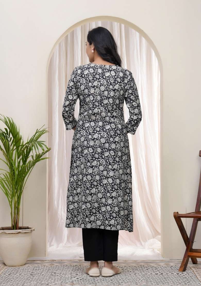 Black Floral Print Cotton Straight Kurta Set - Indya