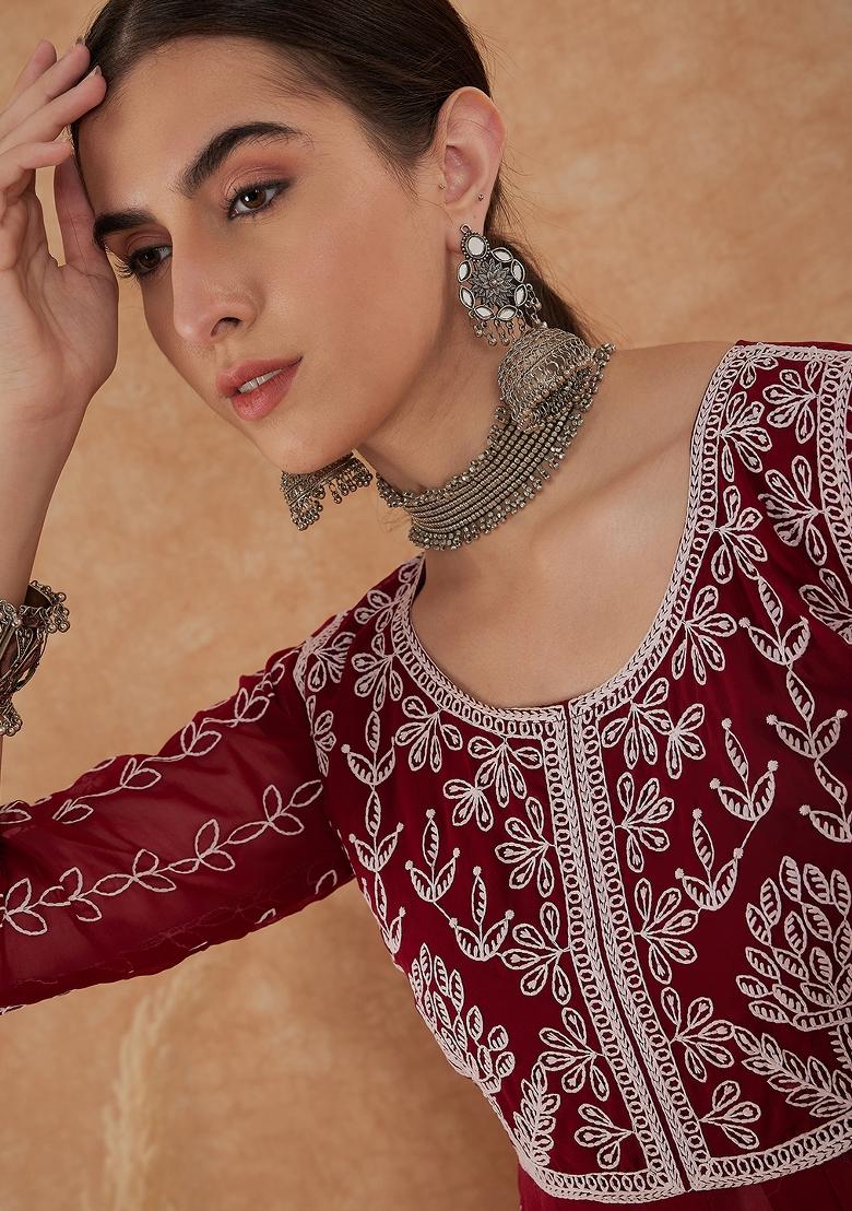 Maroon Embroidery Work Georgette Kurti - Indya