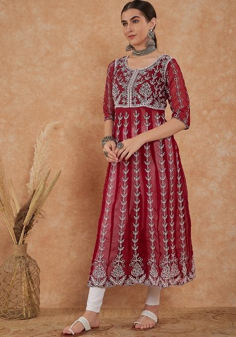 Maroon Embroidery Work Georgette Kurti
