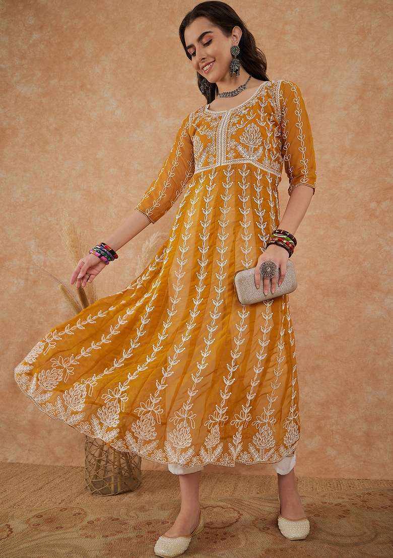 Mustard Chikankari Georgette Anarkali - Indya