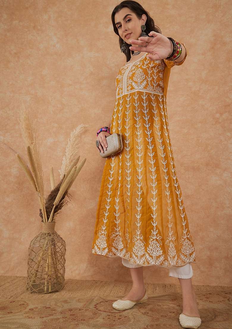 Mustard Chikankari Georgette Anarkali - Indya