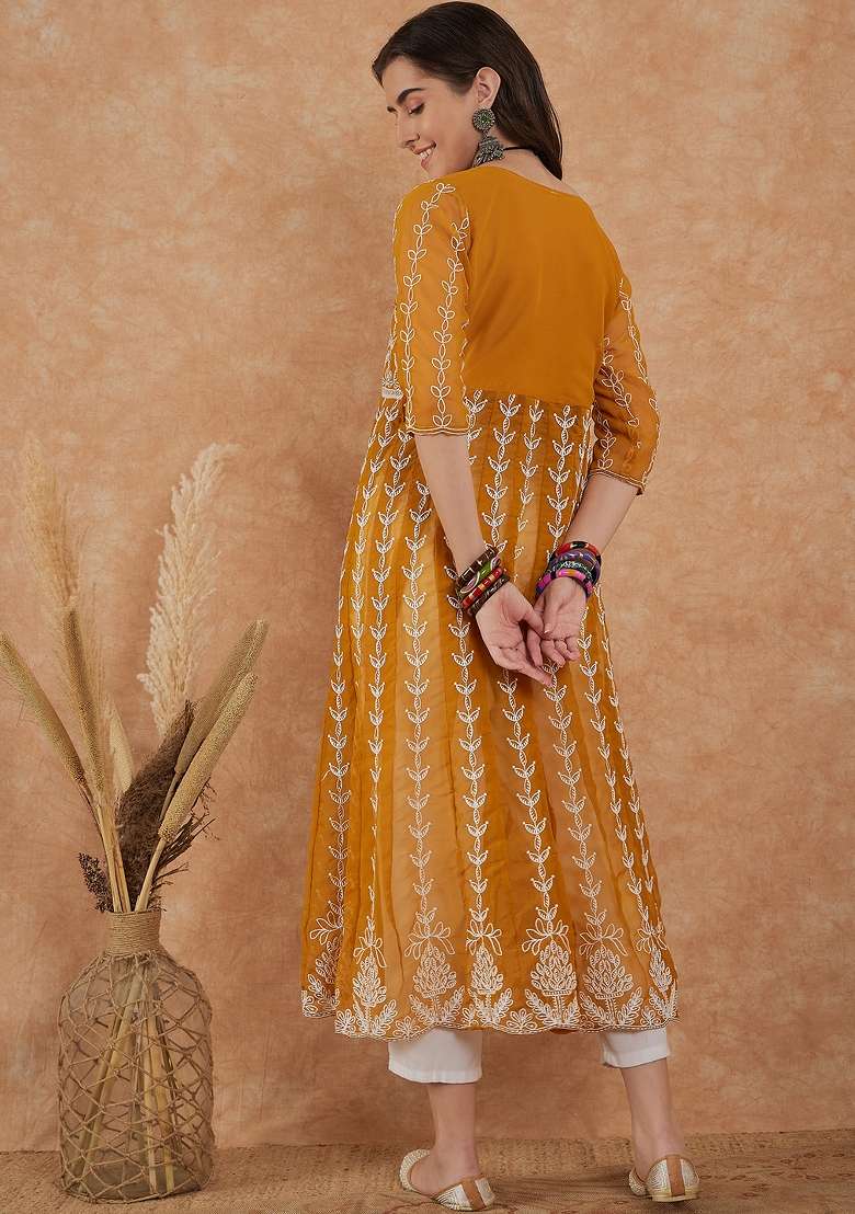 Mustard Chikankari Georgette Anarkali - Indya