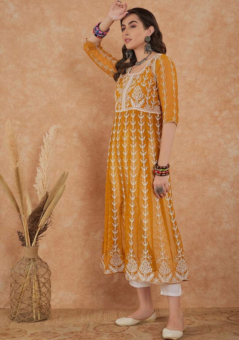 Mustard Chikankari Georgette Anarkali - Indya