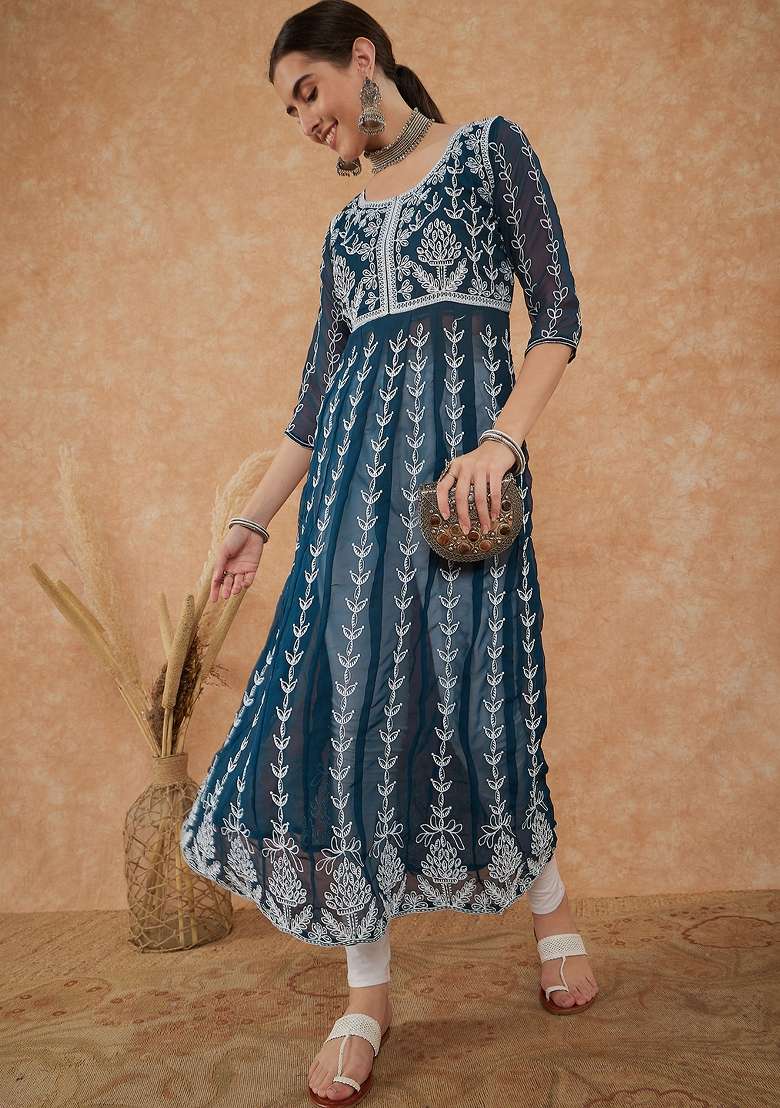 Teal Chikankari Georgette Kurta - Indya