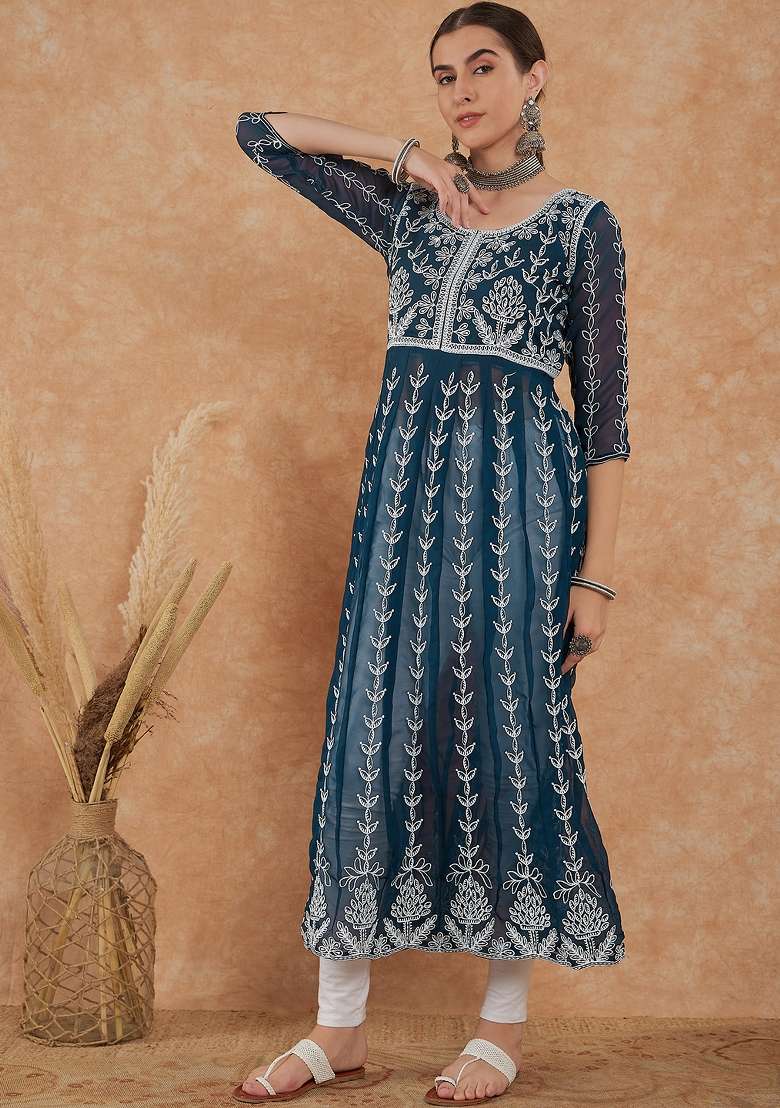 Teal Chikankari Georgette Kurta - Indya