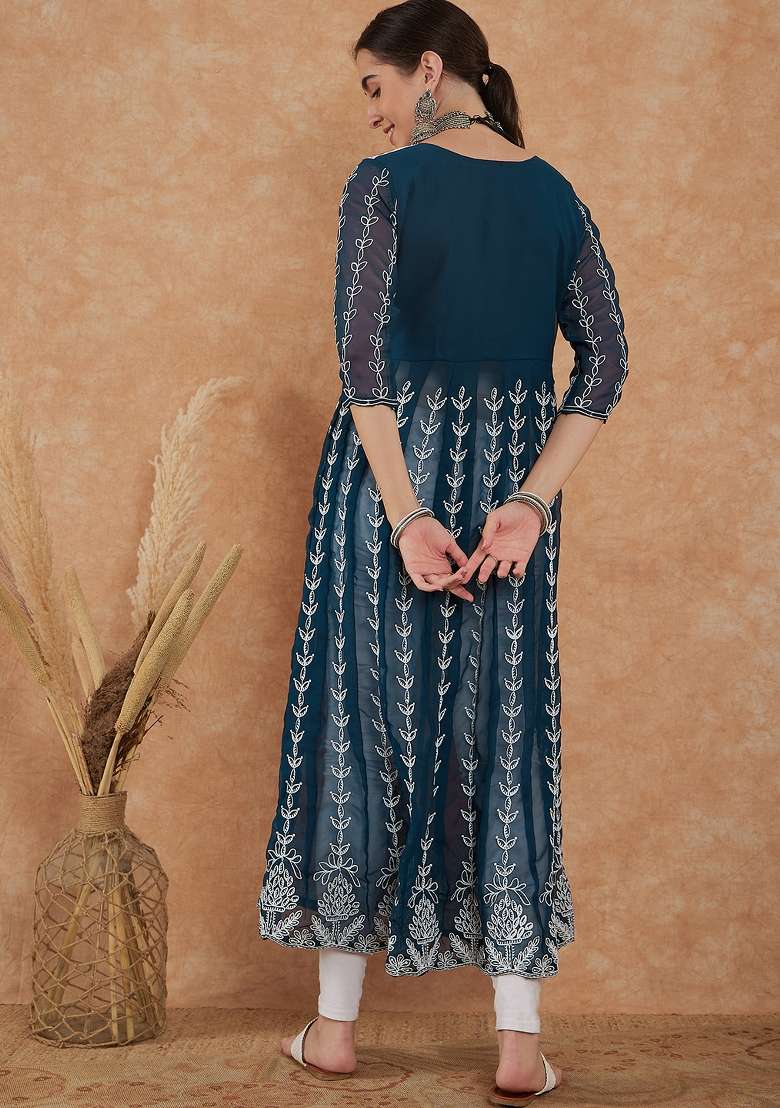 Teal Chikankari Georgette Kurta - Indya