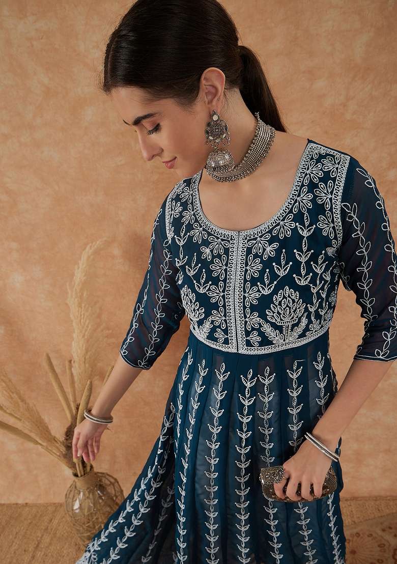 Teal Chikankari Georgette Kurta - Indya