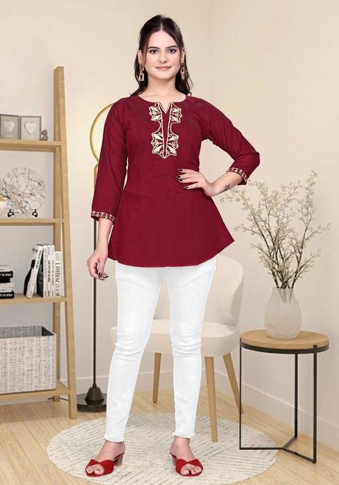 Maroon Embroidered Roman Silk Top