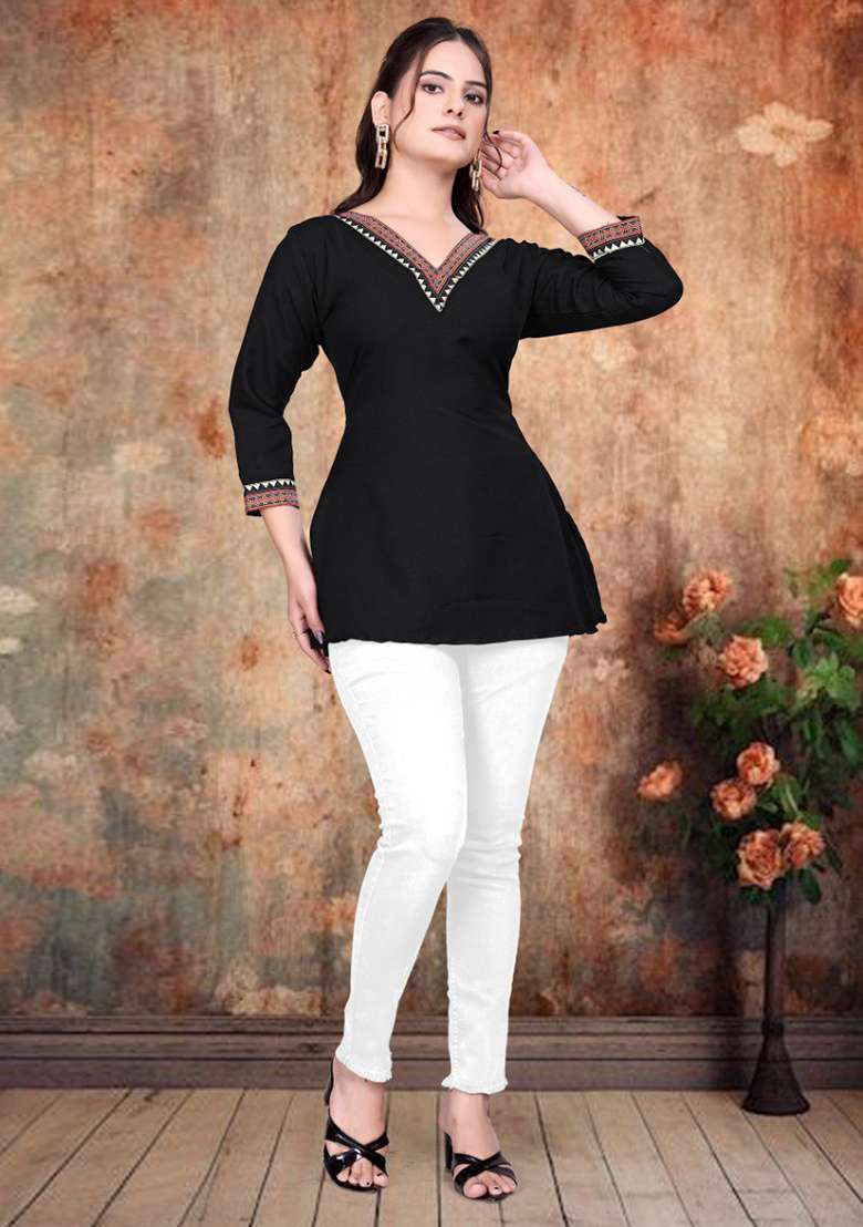 Black Embellished Rayon Kurta - Indya