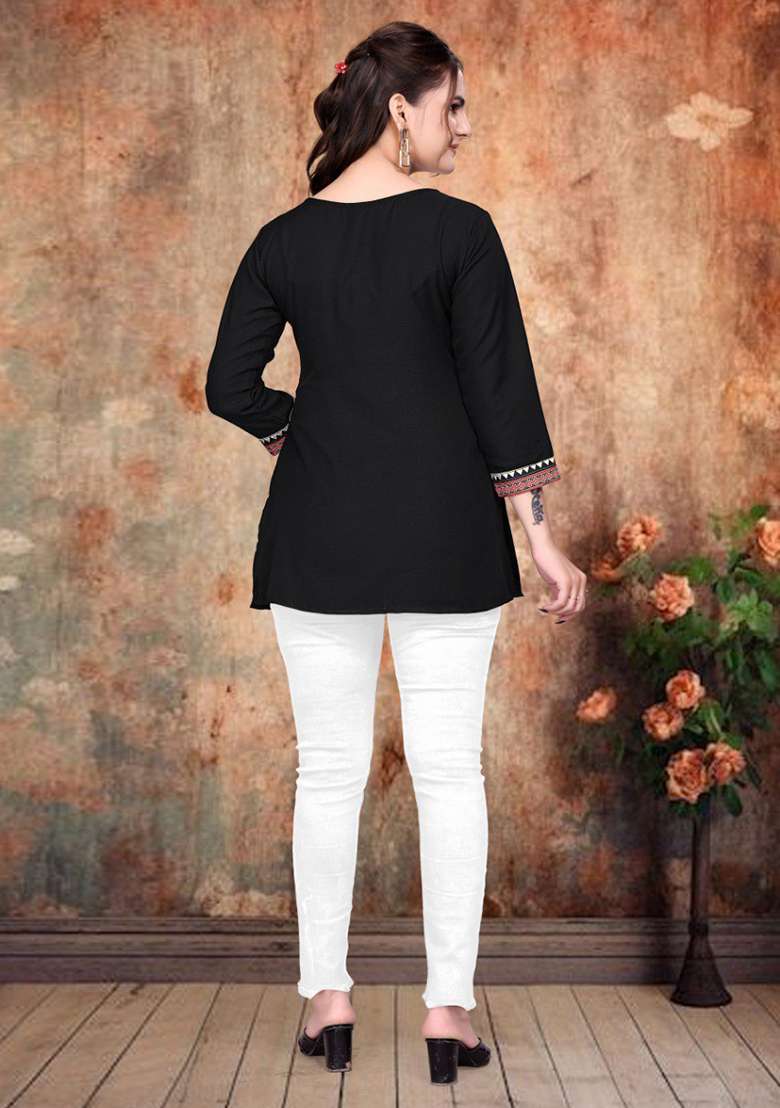 Black Embellished Rayon Kurta - Indya