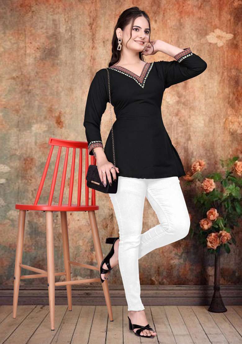 Black Embellished Rayon Kurta - Indya