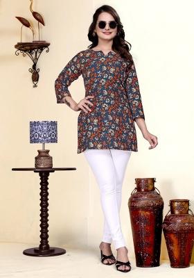 Navy Blue Printed Cotton Blend Kurti