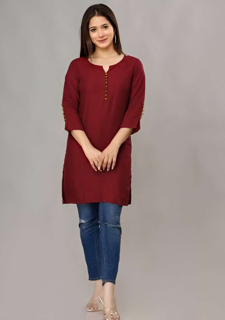 Maroon Solid Silk Blend Kurta - Indya