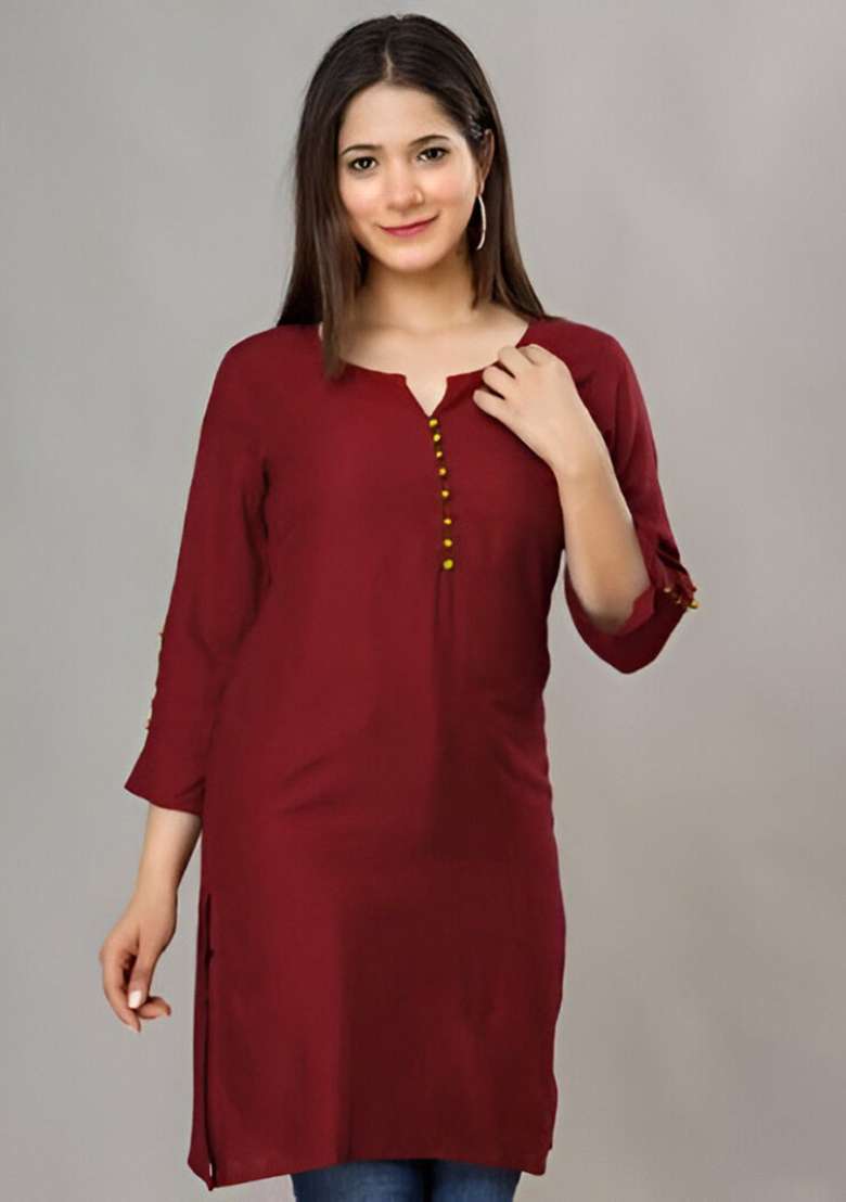 Maroon Solid Silk Blend Kurta - Indya