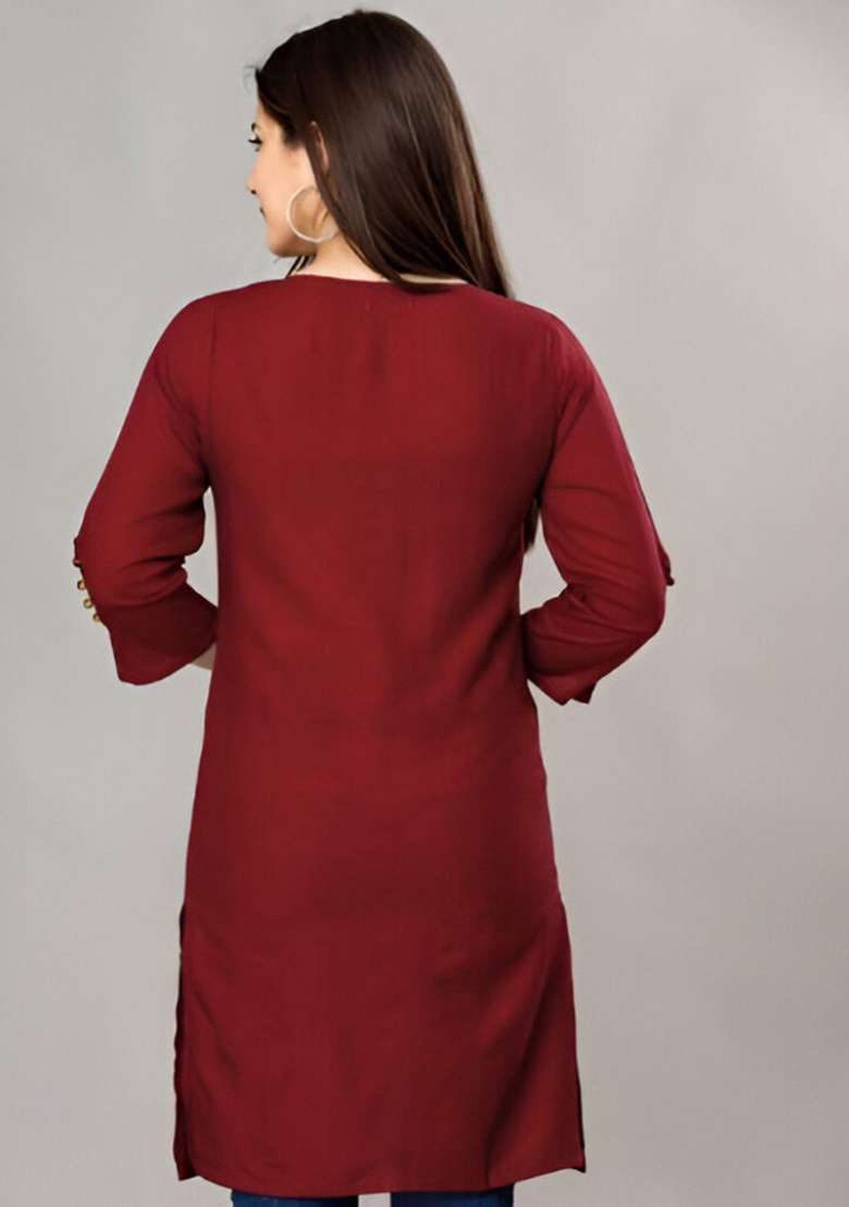Maroon Solid Silk Blend Kurta - Indya