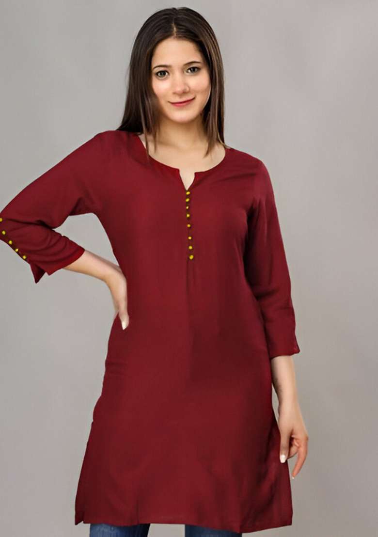 Maroon Solid Silk Blend Kurta - Indya