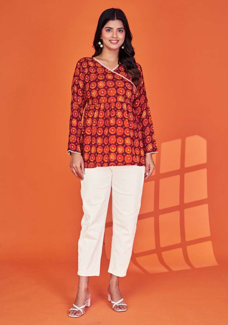 Maroon Printed Silk Blend Kurta - Indya