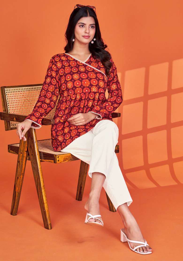 Maroon Printed Silk Blend Kurta - Indya