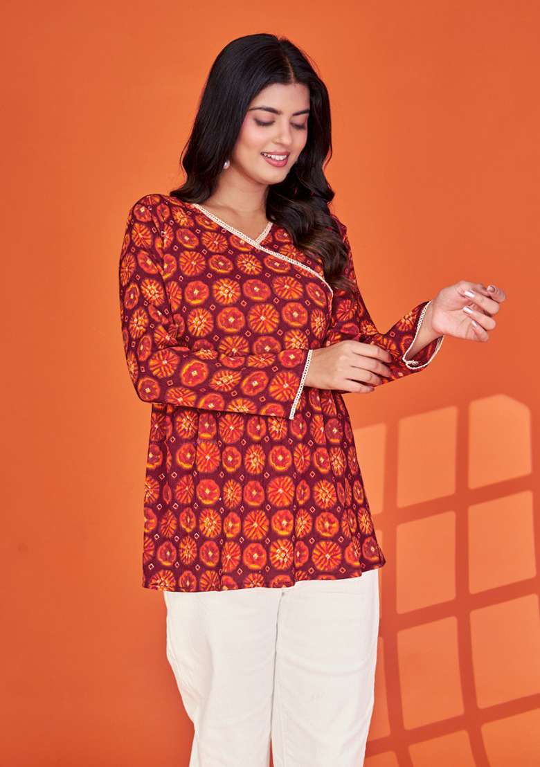Maroon Printed Silk Blend Kurta - Indya