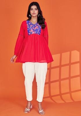 Red Embroidered Georgette Kurta