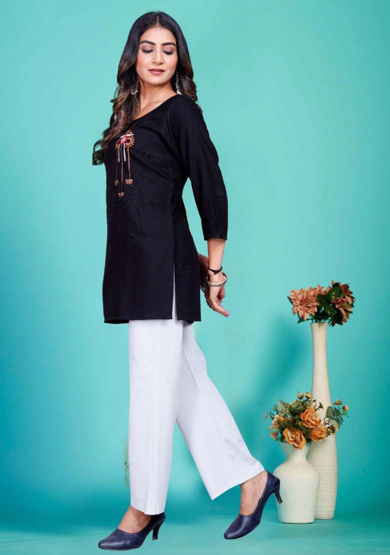 Black Embroidered Rayon Kurta - Indya
