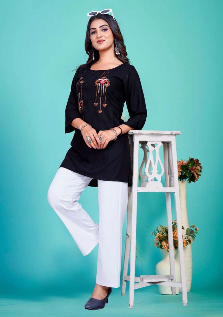 Black Embroidered Rayon Kurta - Indya