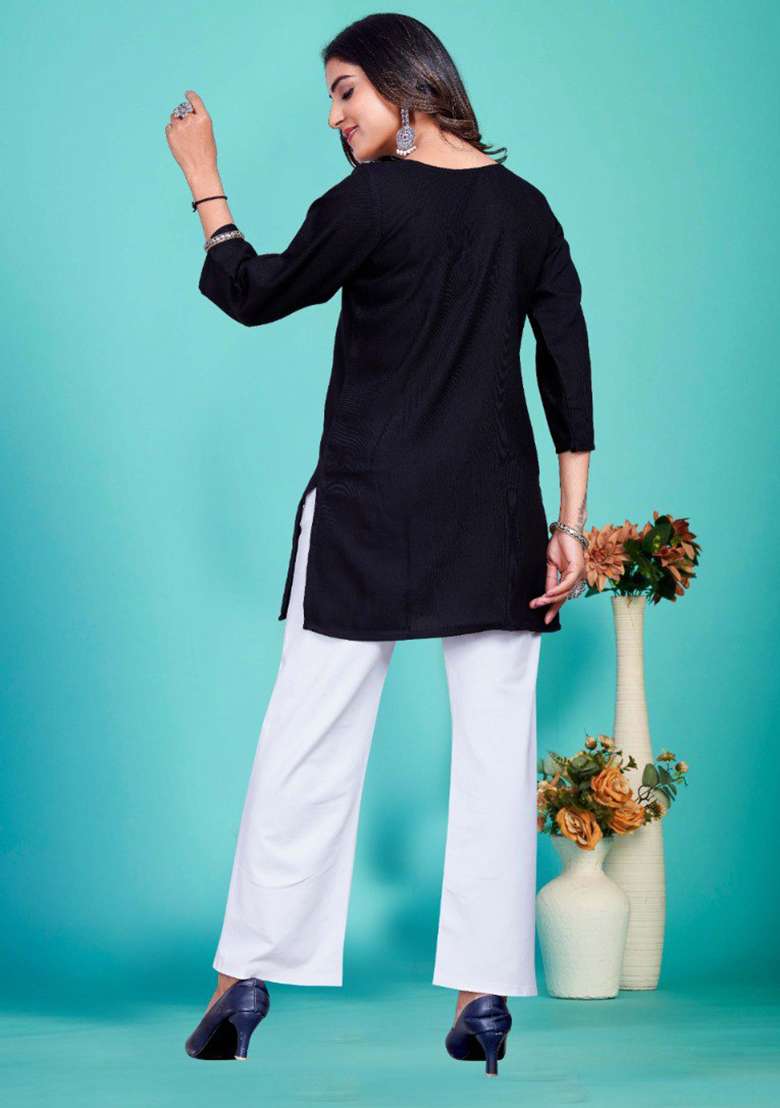 Black Embroidered Rayon Kurta - Indya