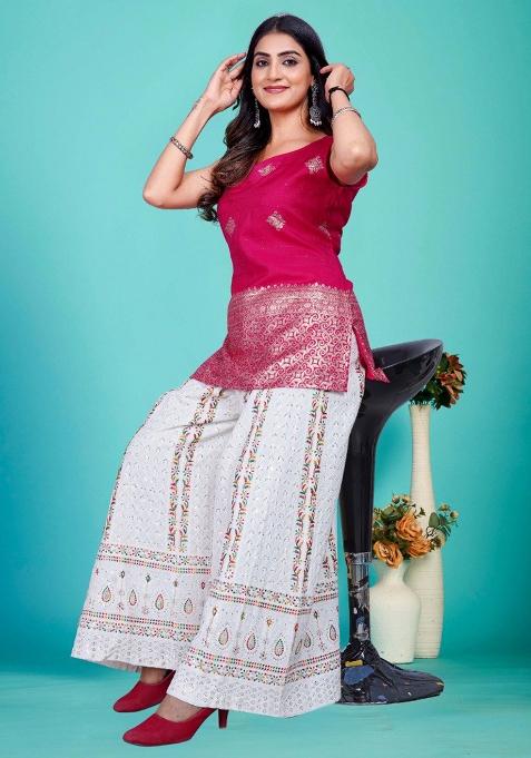 Pink Golden Woven Motifs Banarasi Silk Top