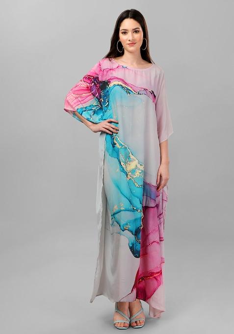 Multicolor Digitally Printed Feather Silk Kaftan