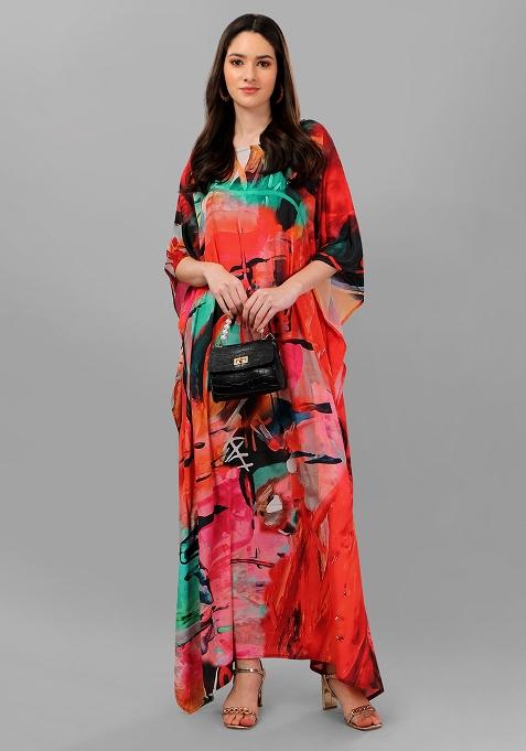Multicolor Digitally Printed Feather Silk Kaftan