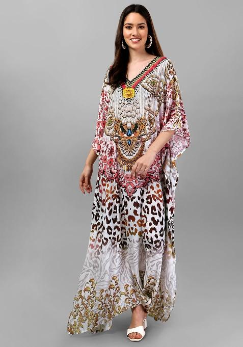 Multicolor Digitally Printed Feather Silk Kaftan