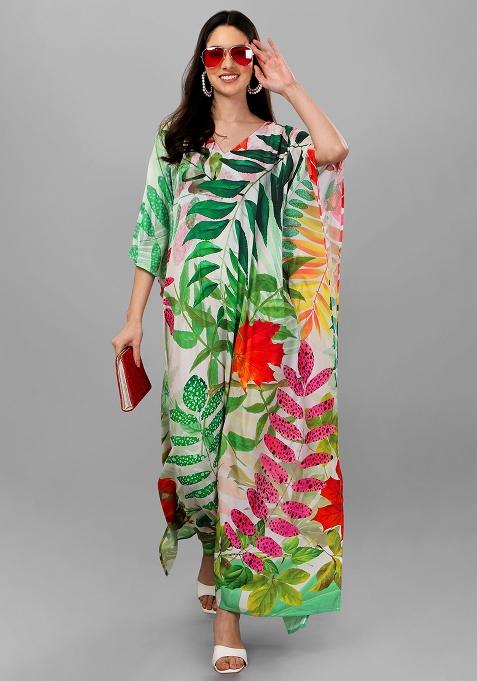Multicolor Digitally Printed Feather Silk Kaftan